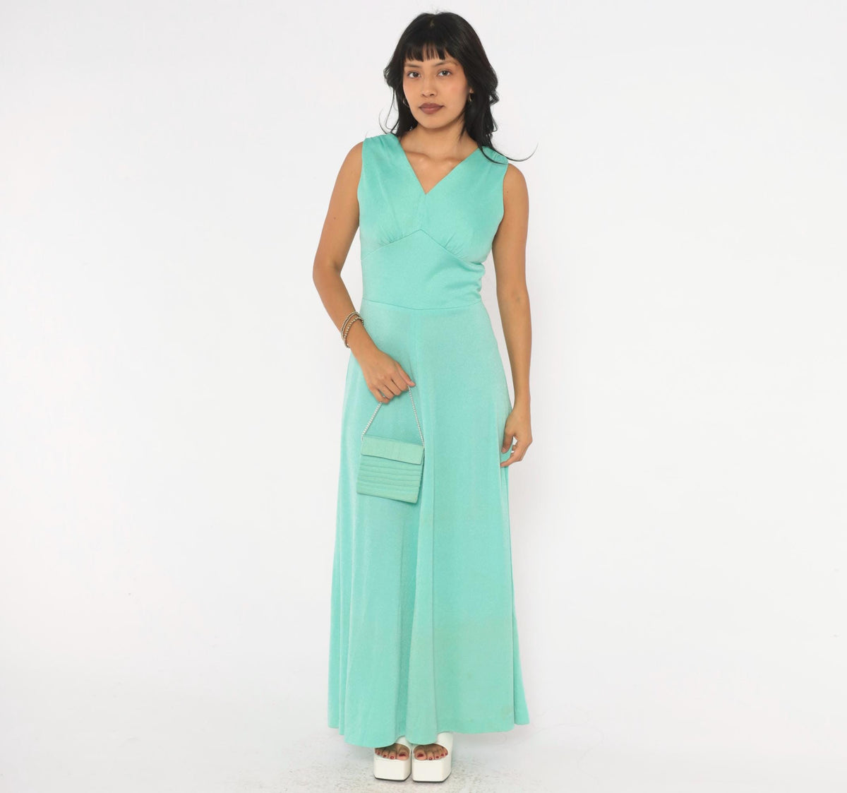 70s Mint Green Maxi Dress Sleeveless V-Neck Empire Waist A-Line Small