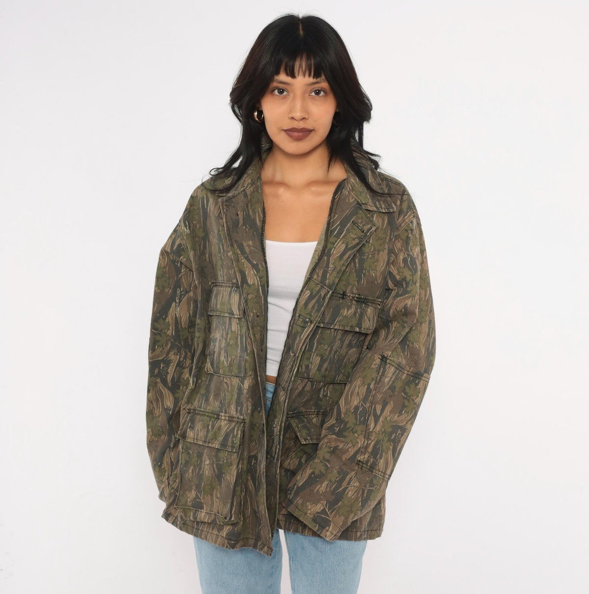 90s Camo Shirt Jacket Olive Brown Tree Leaf Print Button Front Cotton Large L