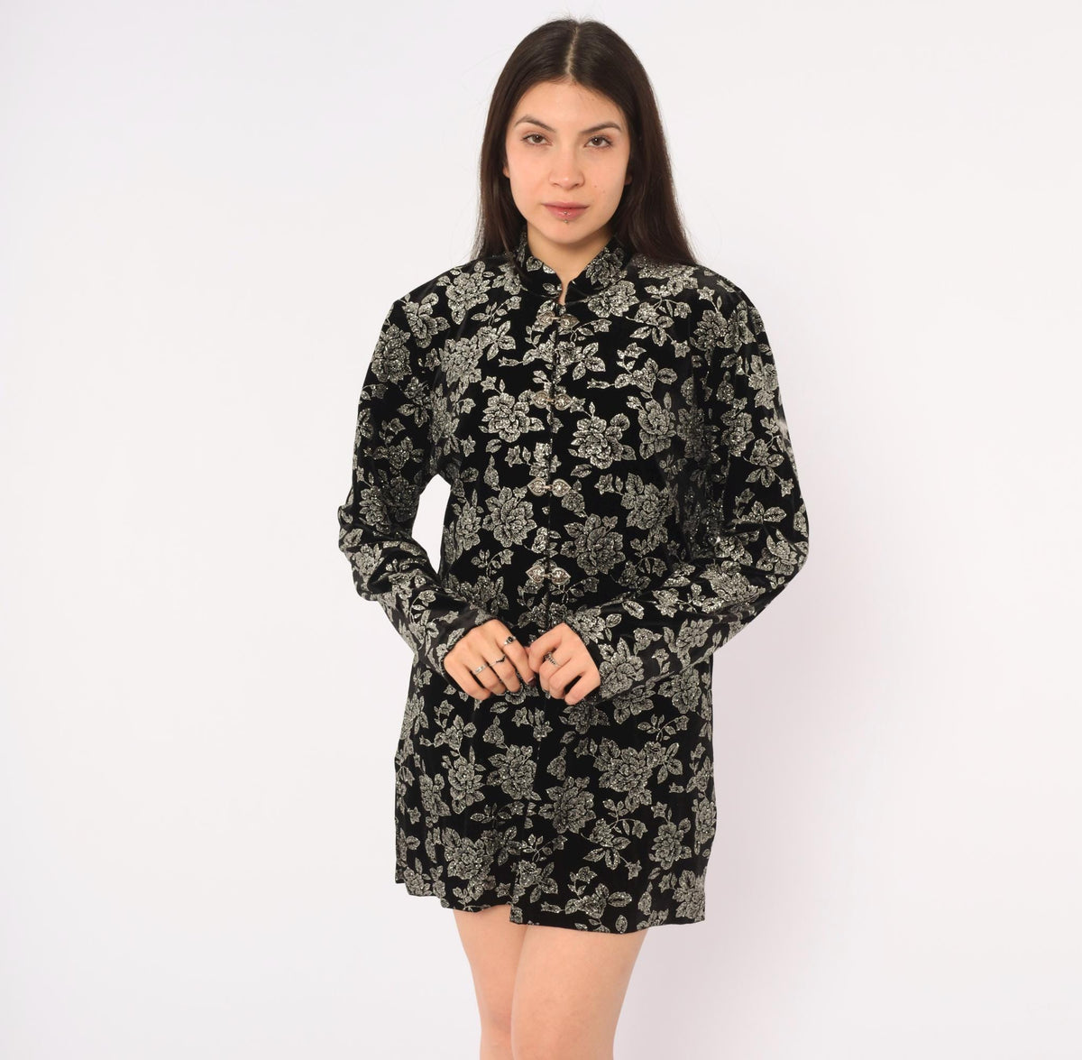 90s Black Velvet Jacket Silver Glitter Floral Mandarin Collar Large L