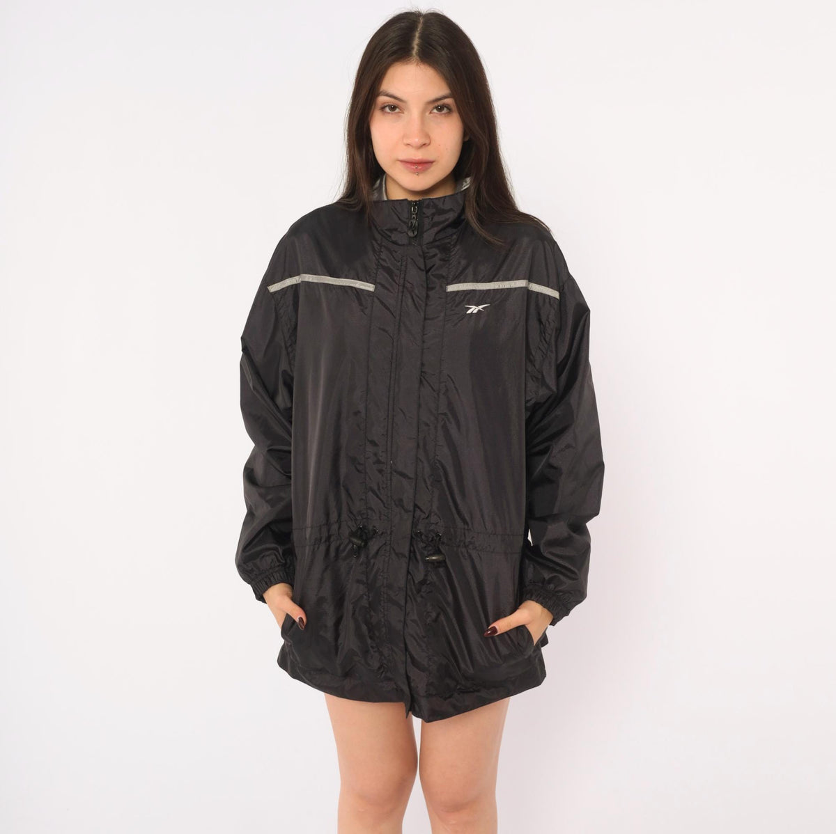 90s Reebok Windbreaker Jacket Black Grey Reflective Stripe Medium M