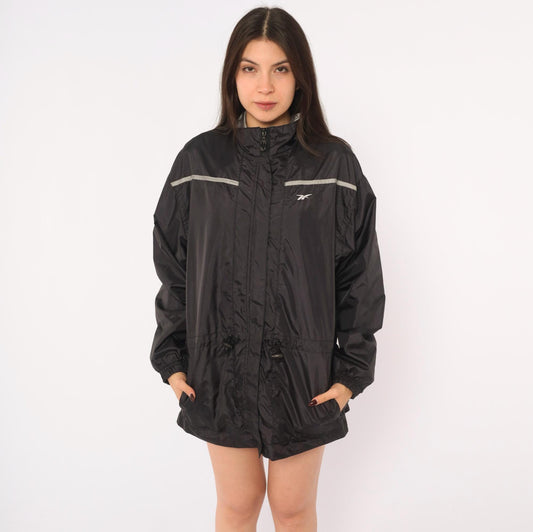 90s Reebok Windbreaker Jacket Black Grey Reflective Stripe Medium M