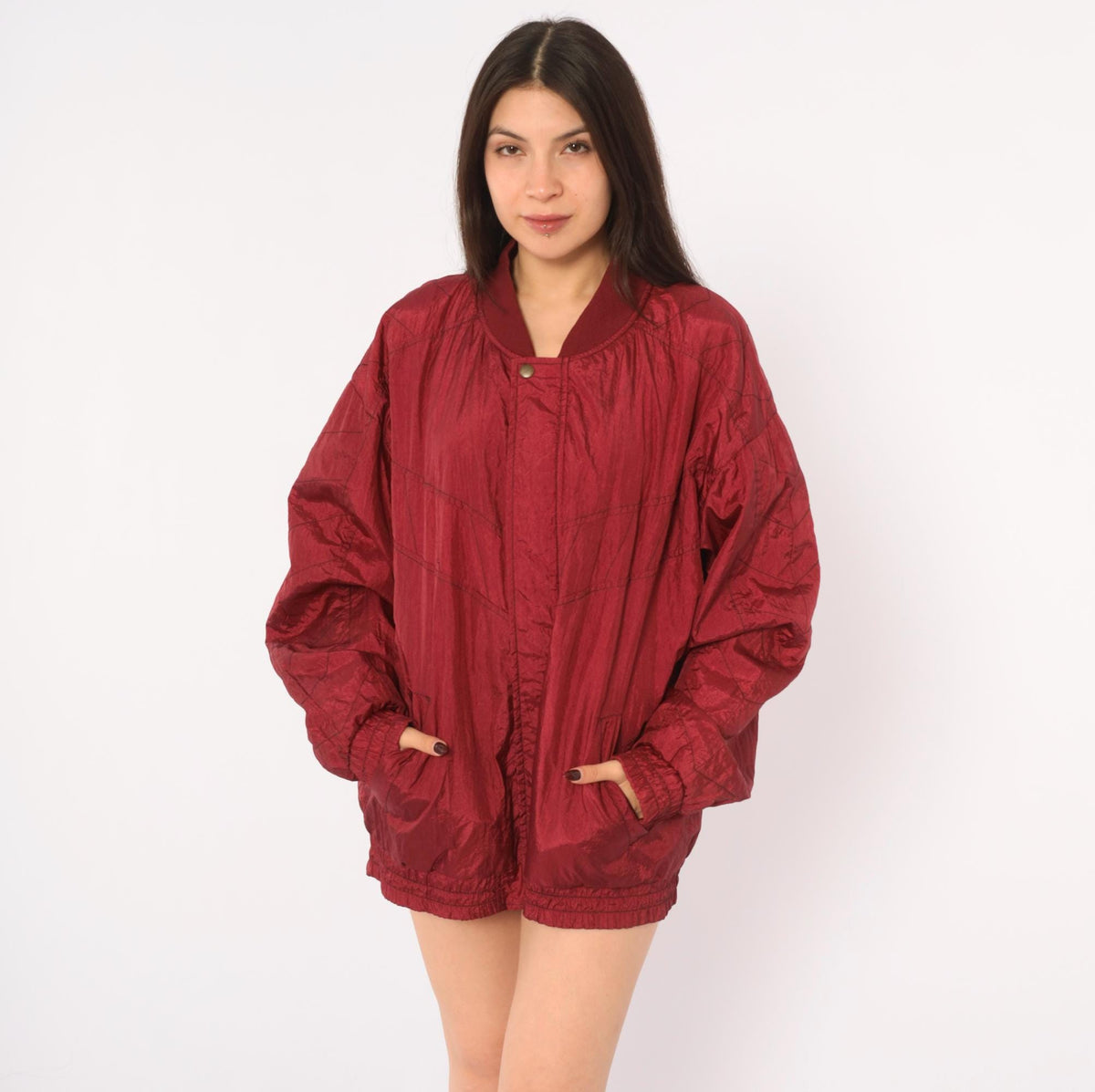 80s Burgundy Bomber Jacket Nylon Windbreaker Snap Collar Lined Large L