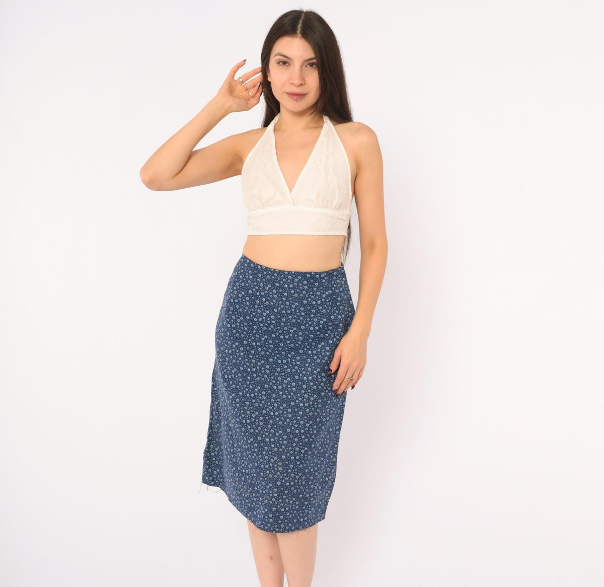 60s Navy Ditsy Floral Calico Cotton A-Line Skirt High Waist Extra Small