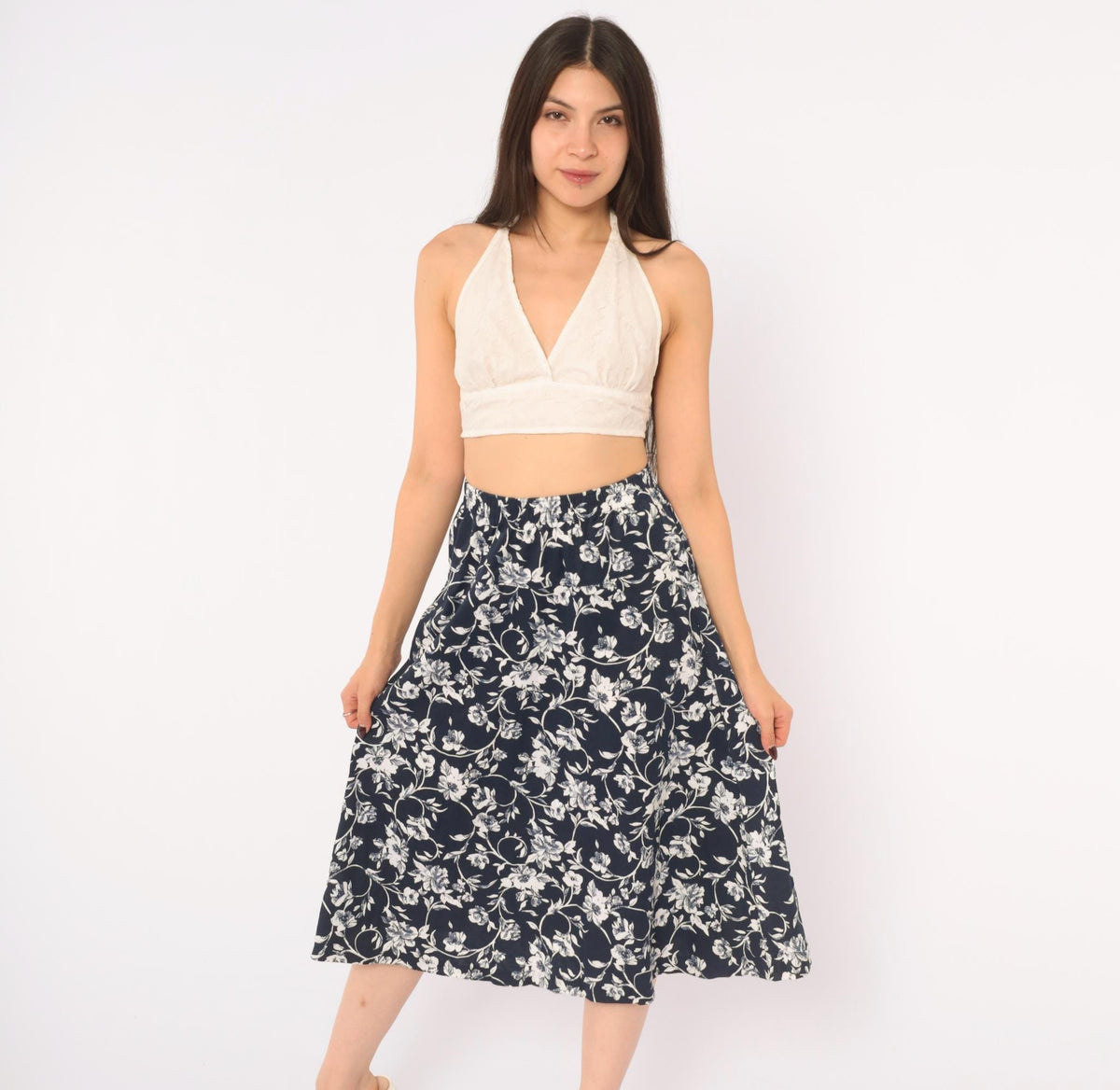 80s Season Ticket Navy Floral Midi Skirt White Flower Print Cotton Small