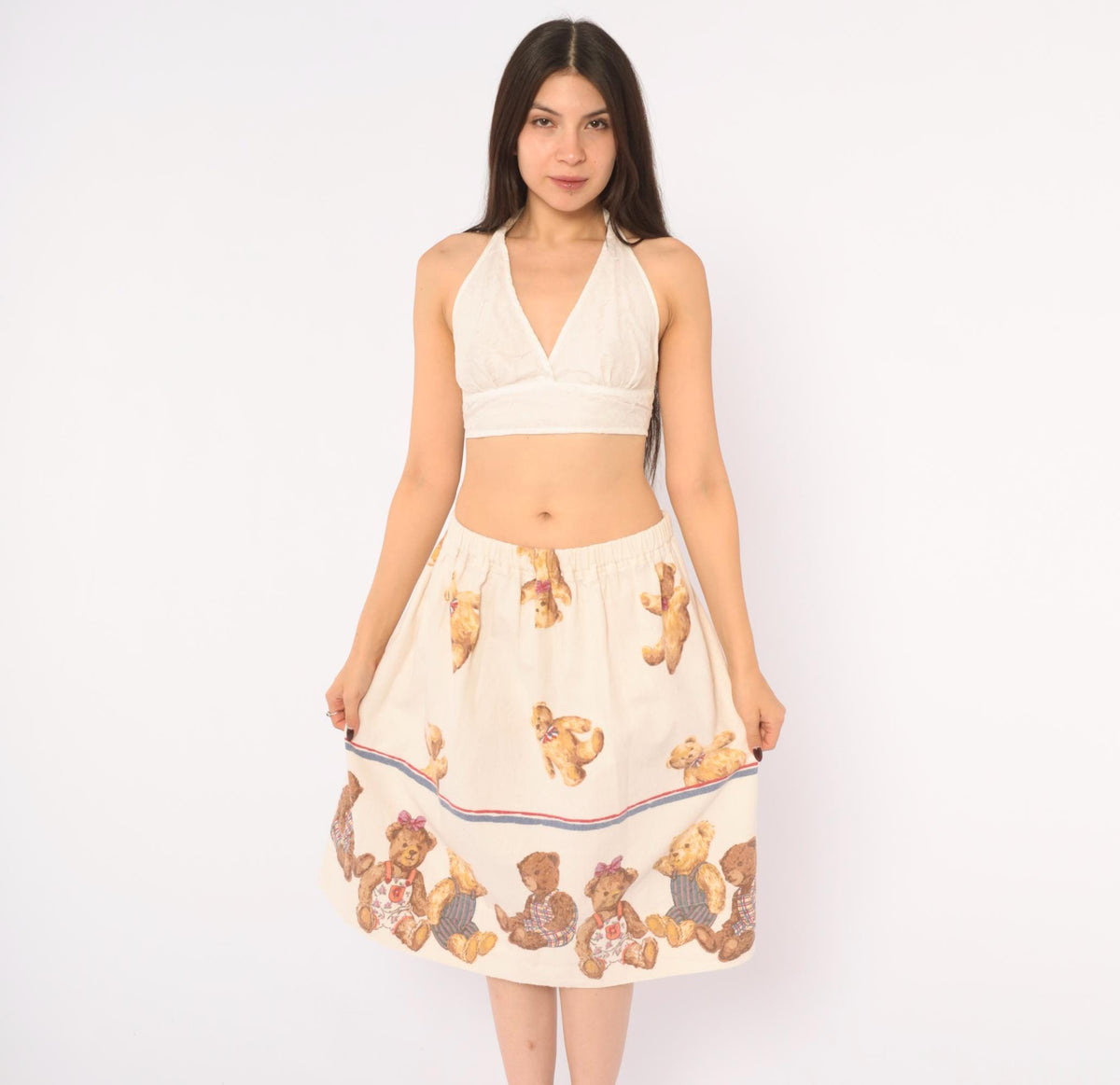 80s Teddy Bear Print Cotton Flannel Skirt Cream A-Line Medium