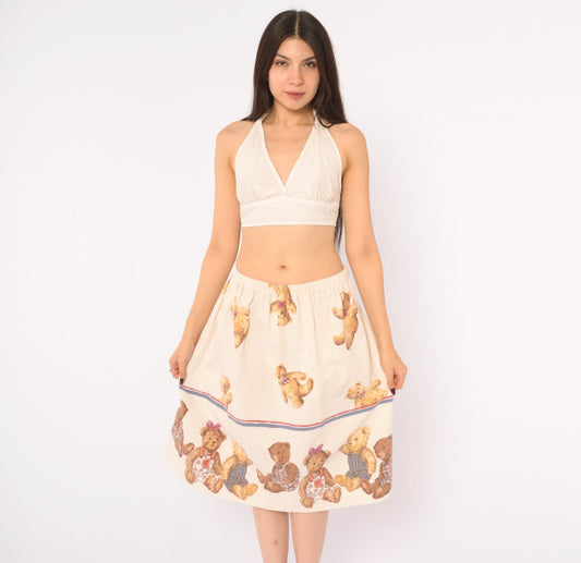 80s Teddy Bear Print Cotton Flannel Skirt Cream A-Line Medium