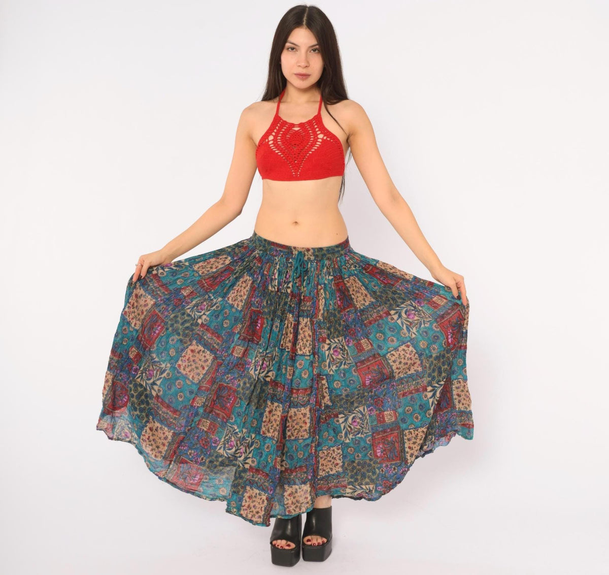 90s Alibaba Patchwork Floral Midi Skirt Drawstring Teal Blue Medium