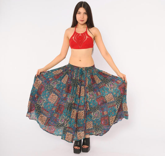 90s Alibaba Patchwork Floral Midi Skirt Drawstring Teal Blue Medium