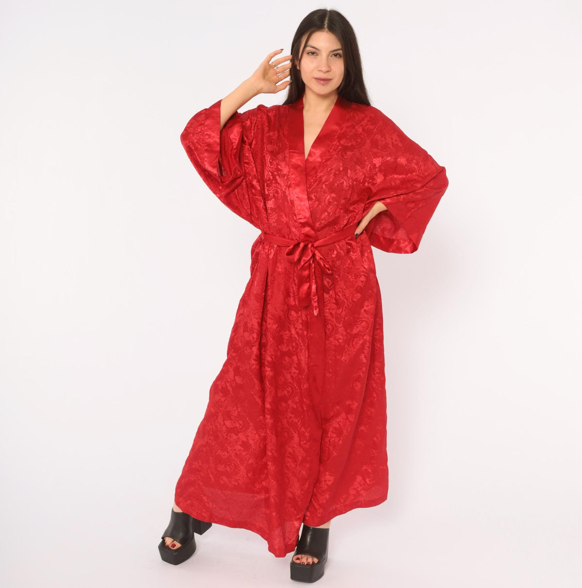 90s Contessa Di Roma Red Satin Robe Floral Jacquard Maxi Wrap Plus Size XXL