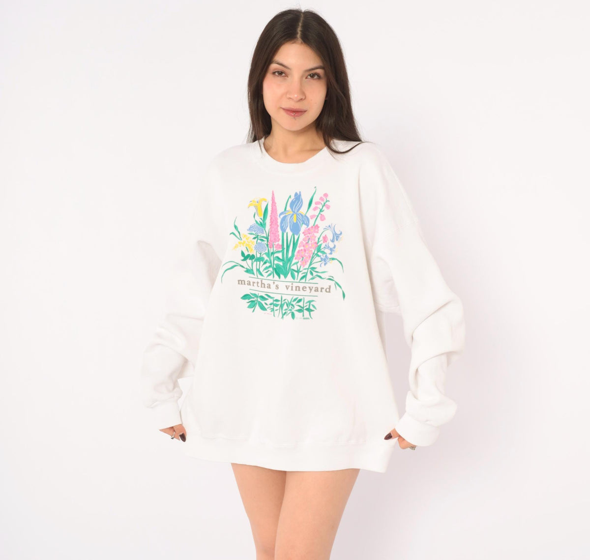90s Lee Martha's Vineyard Floral Sweatshirt White Wildflower Graphic Large