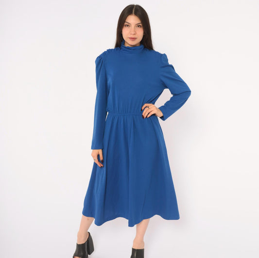 80s Cobalt Midi Dress Puff Shoulder Mock Neck A-Line Pockets Royal Blue Medium M