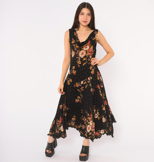 90s Black Floral Midi Dress Cowl Neck Handkerchief Hem Medium M