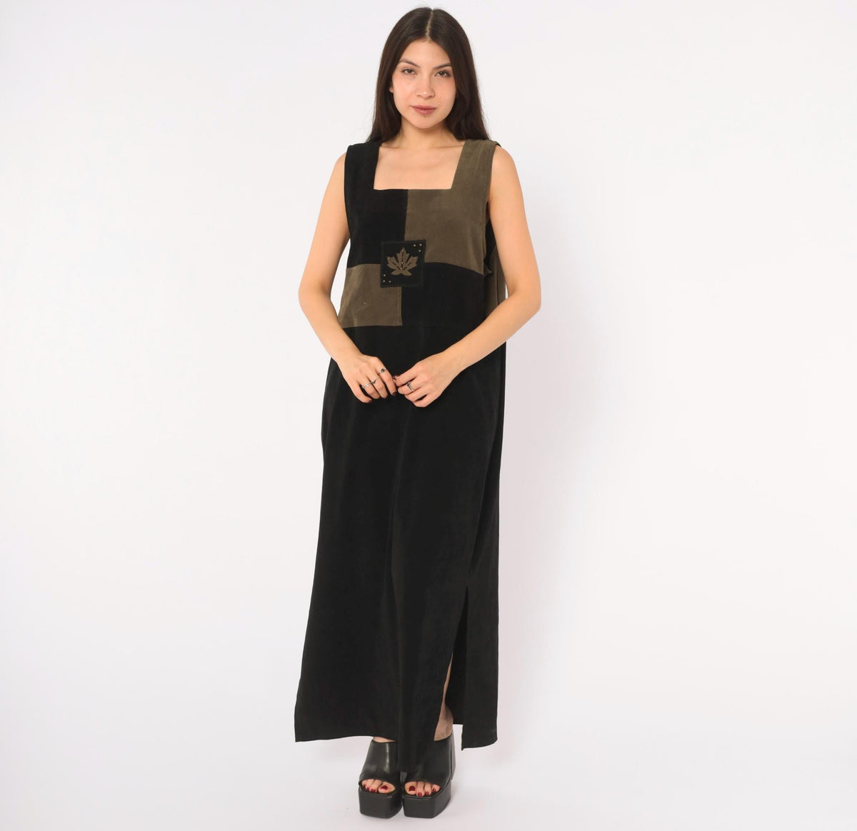 80s Jaclyn Smith Black Olive Color Block Maxi Dress Leaf Applique Extra Large XXL