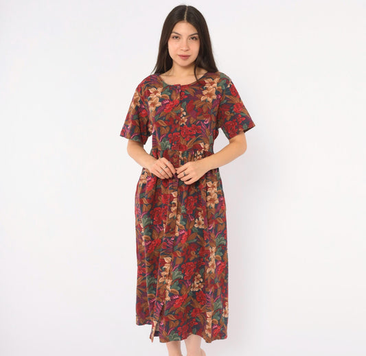 90s Capacity Knits Dark Floral Midi Dress Navy Cotton Button Front Medium M
