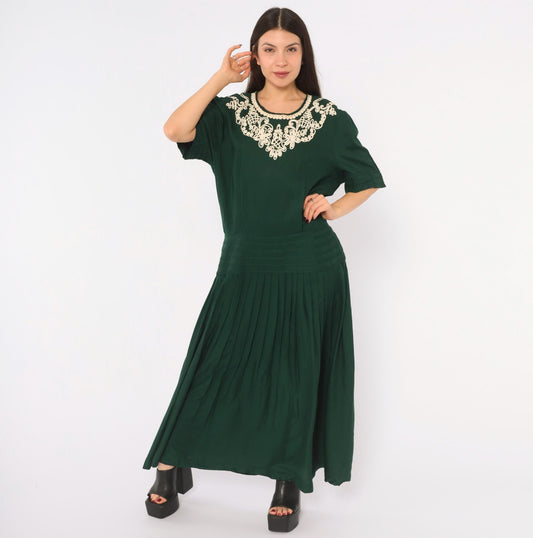 90s Plaza South Forest Green Maxi Dress Embroidered Floral Drop Waist Extra Large