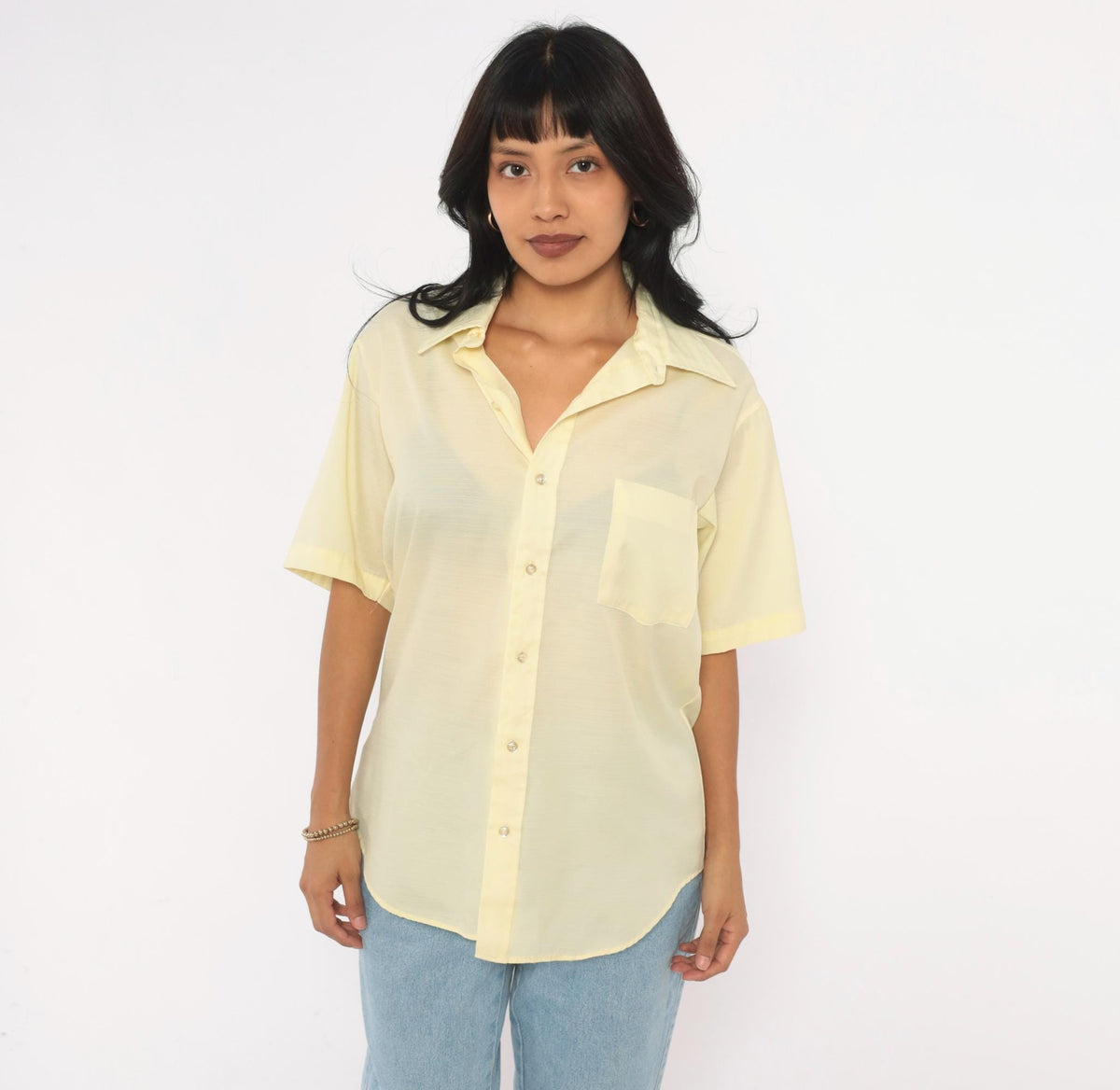 70s Dress-ups Yellow Button Up Shirt Semi Sheer Short Sleeve Pointed Collar Medium