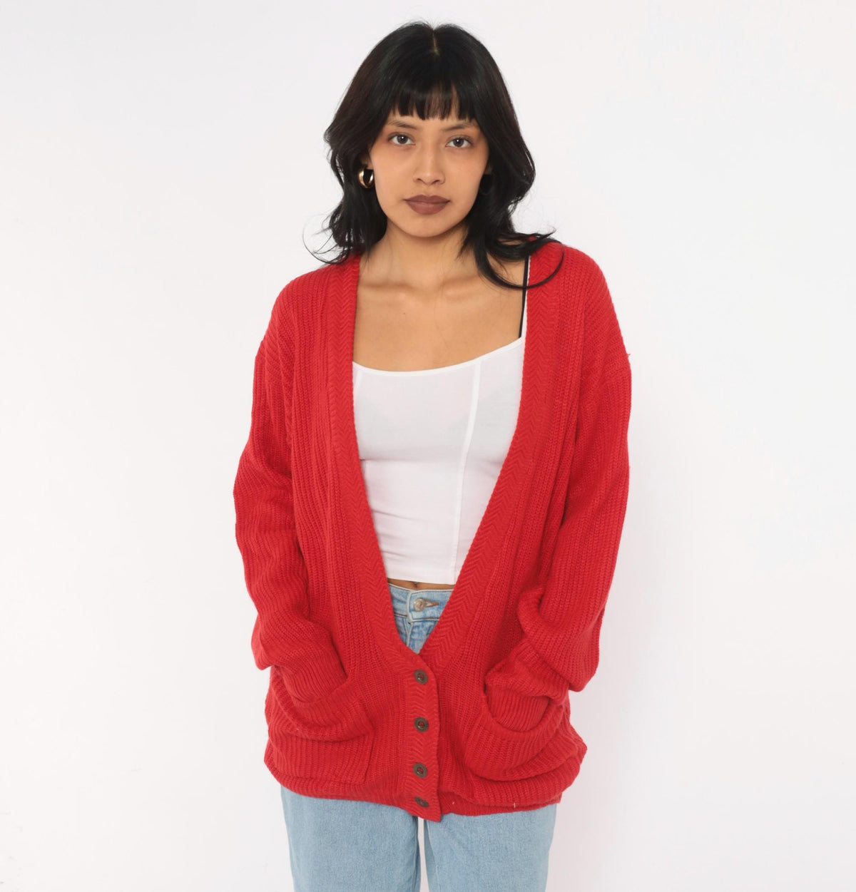 80s Steppingstones Red Chunky Knit Cardigan V-Neck Button Front Small
