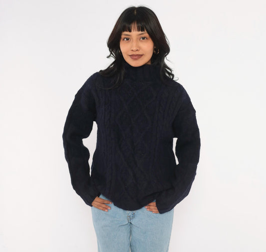 80s Arancrafts Ireland Navy Wool Cable Knit Fisherman Sweater Medium