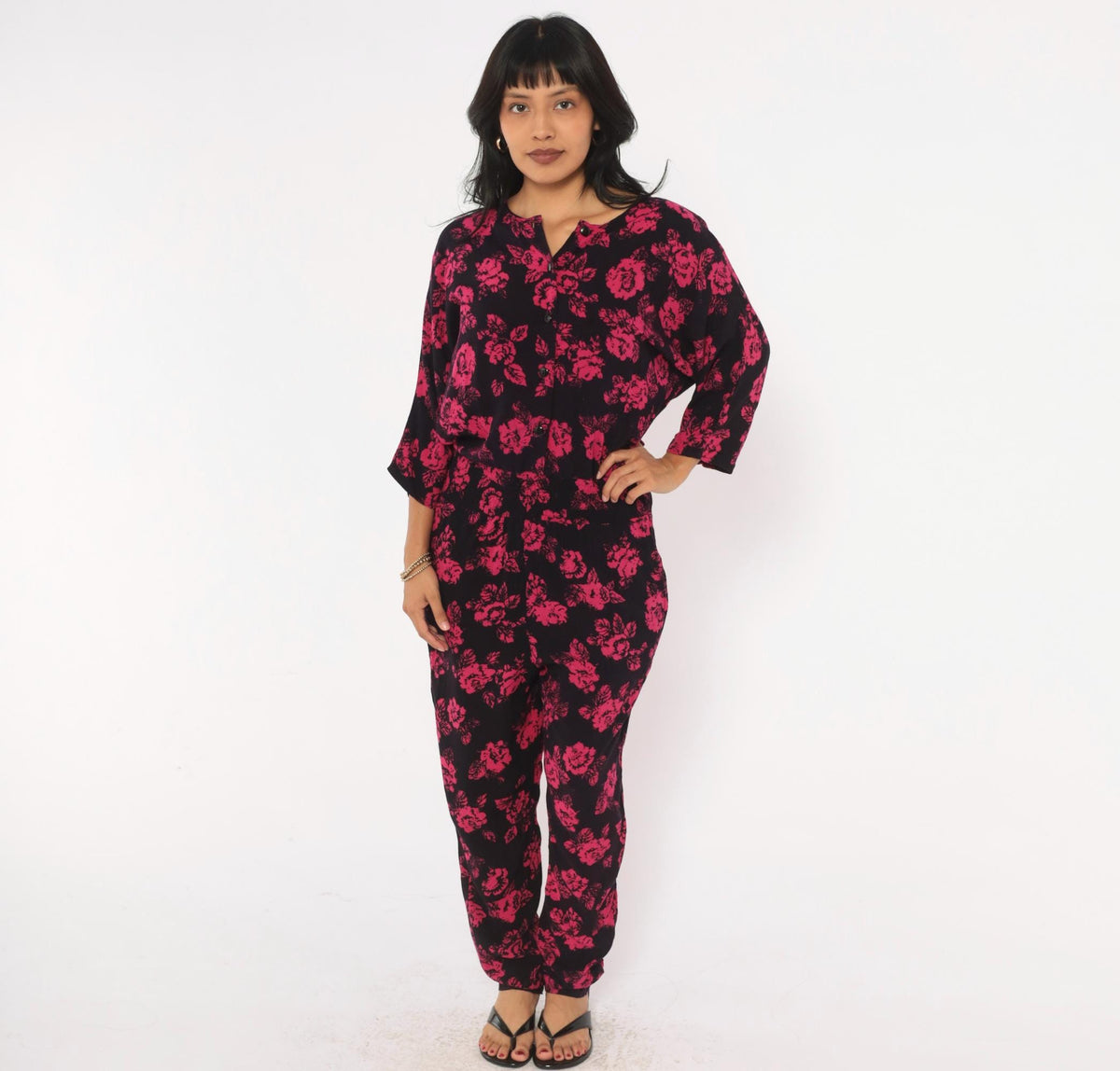 90s Joni Blair Floral Jumpsuit Black Pink Rose Button Front Dolman Medium