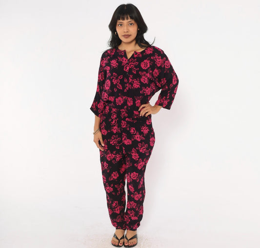 90s Joni Blair Floral Jumpsuit Black Pink Rose Button Front Dolman Medium