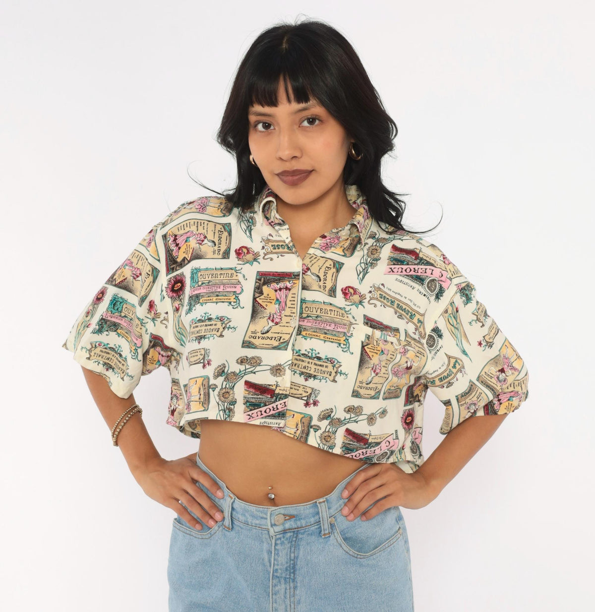 90s Jaspe Crop Top Beige Floral Poster Print Button Front Blouse Medium