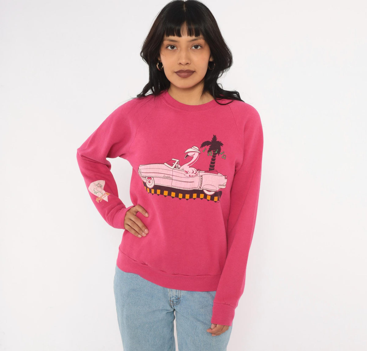 90s Jerzees Flamingo Convertible Car Raglan Sweatshirt Pink Small