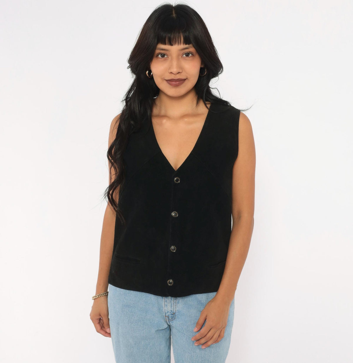 90s Black Suede Vest Deep V Snap Button Western Waistcoat Medium M