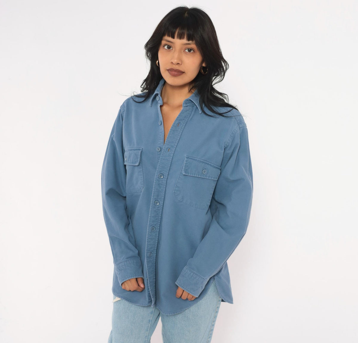 90s L.L.Bean Slate Blue Cotton Work Shirt Chest Pocket Collared Medium