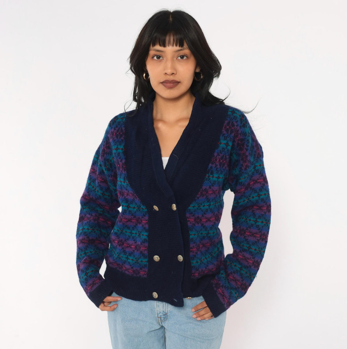 80s Fair Isle Cardigan Navy Wool Blend Shawl Collar Double Breasted Medium M