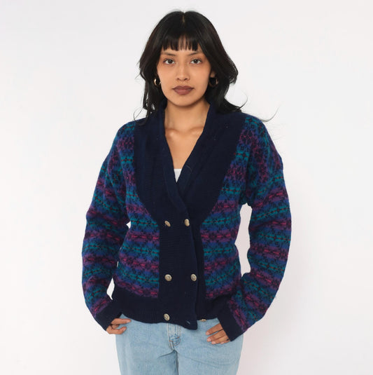 80s Fair Isle Cardigan Navy Wool Blend Shawl Collar Double Breasted Medium M