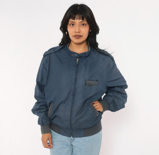 80s Members Only Bomber Jacket Navy Blue Snap Collar Grey Ribbed Trim Medium