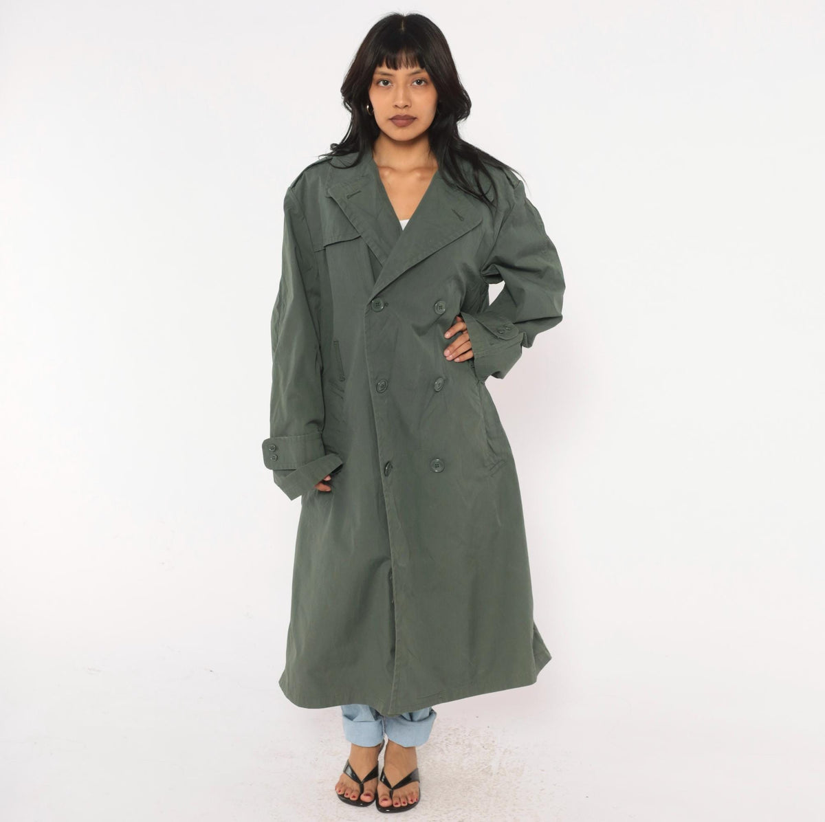 90s Military Trench Coat Grey Olive Double Breasted Long Jacket Medium