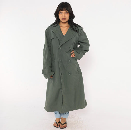 90s Military Trench Coat Grey Olive Double Breasted Long Jacket Medium