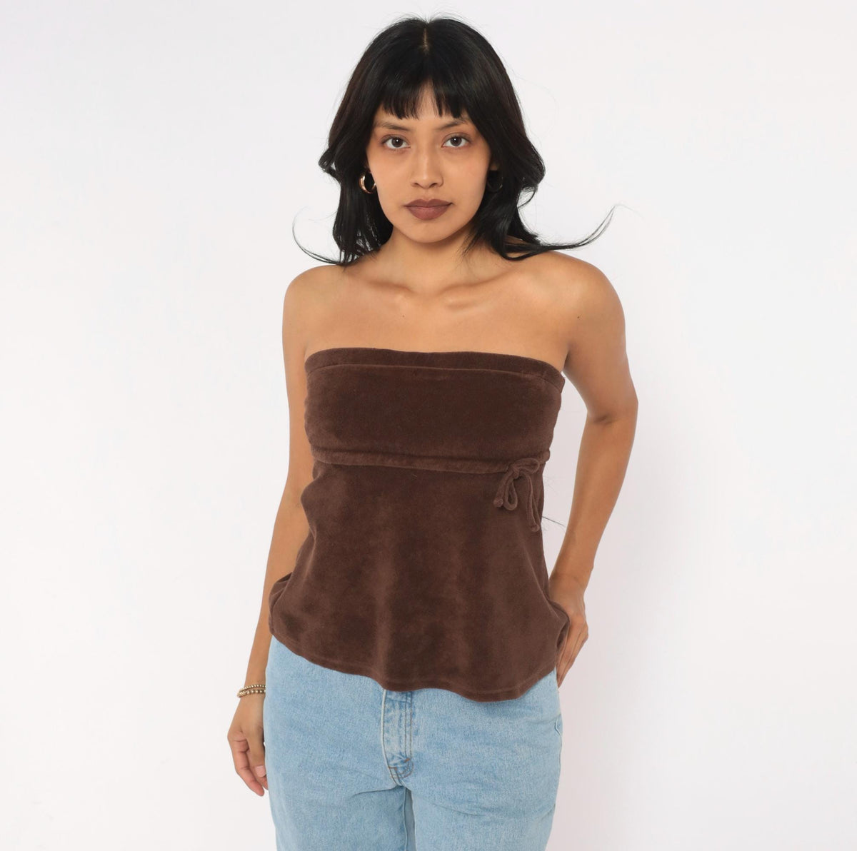 Y2K Brown Terry Tube Top Strapless Drawstring Tie Waist Small