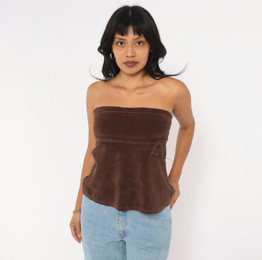 Y2K Brown Terry Tube Top Strapless Drawstring Tie Waist Small