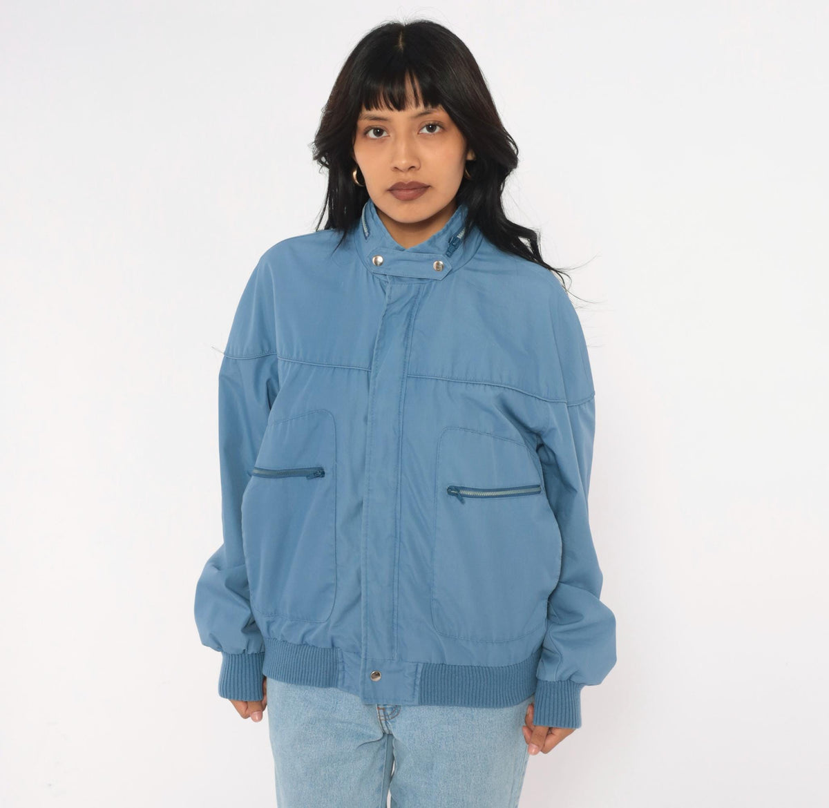 80s Crossings Bomber Jacket Slate Blue Dolman Sleeve Zip Front Medium