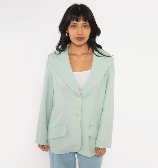 70s Nan Scott Mint Green Blazer Wide Notched Lapel Jacket Medium M