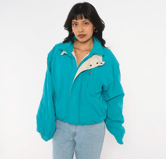 80s Oshkosh Teal Bomber Jacket Padded Zip Front Snap Collar Small