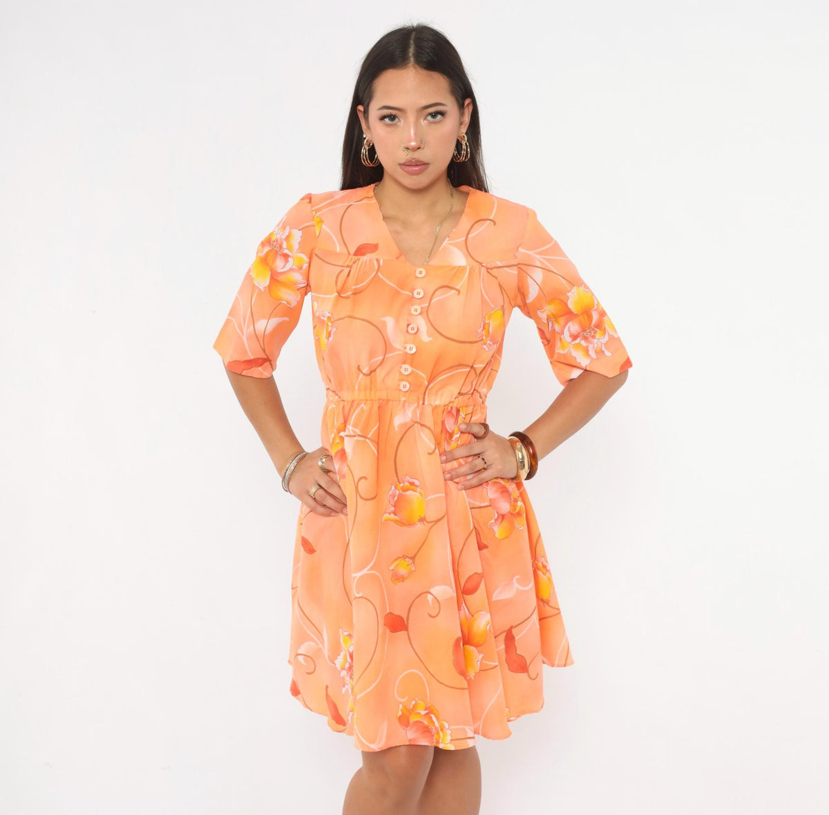 90s Orange Floral Knee-Length Dress V-Neck Button Front A-Line Medium M