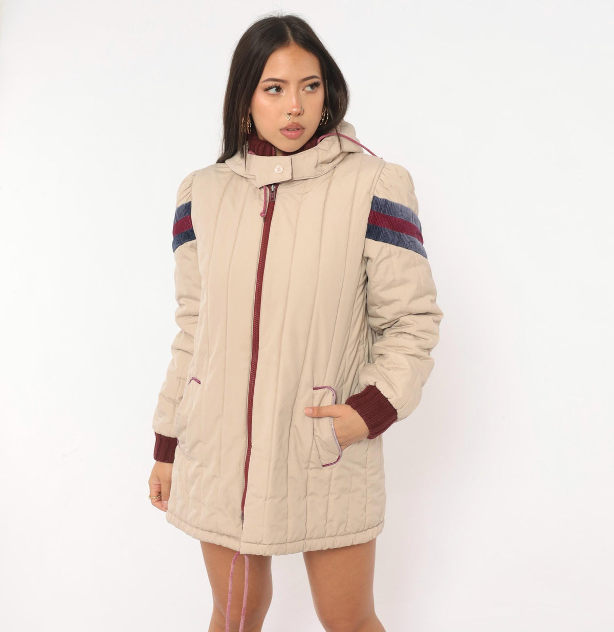 80s JC Penney Cream Puffer Coat Hooded Quilted Ski Jacket Small