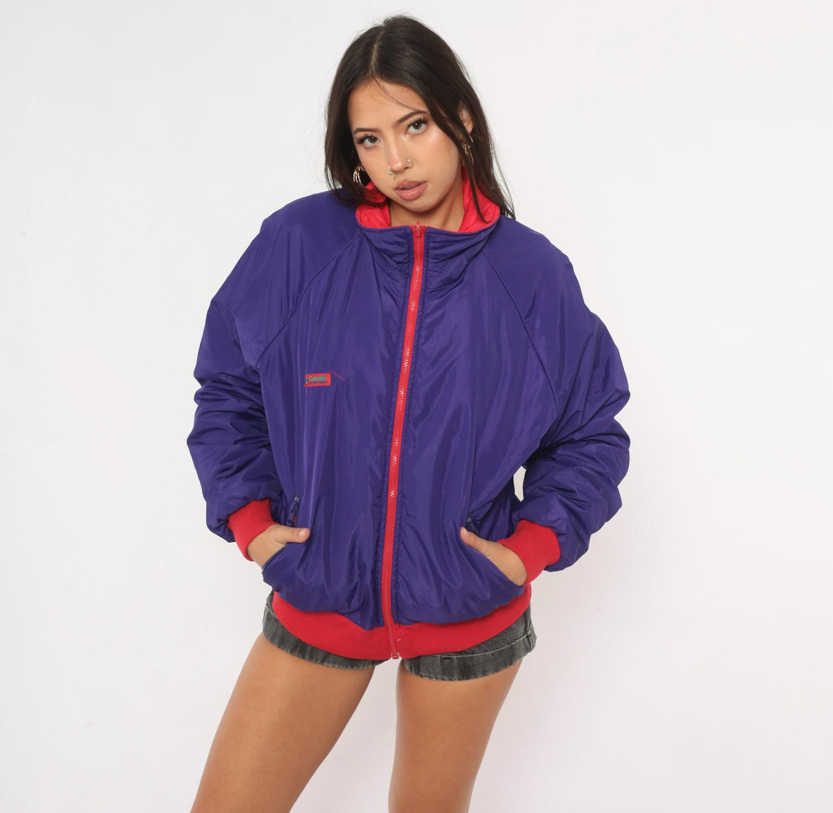 90s Columbia Reversible Bomber Jacket Red Purple Color Block Medium