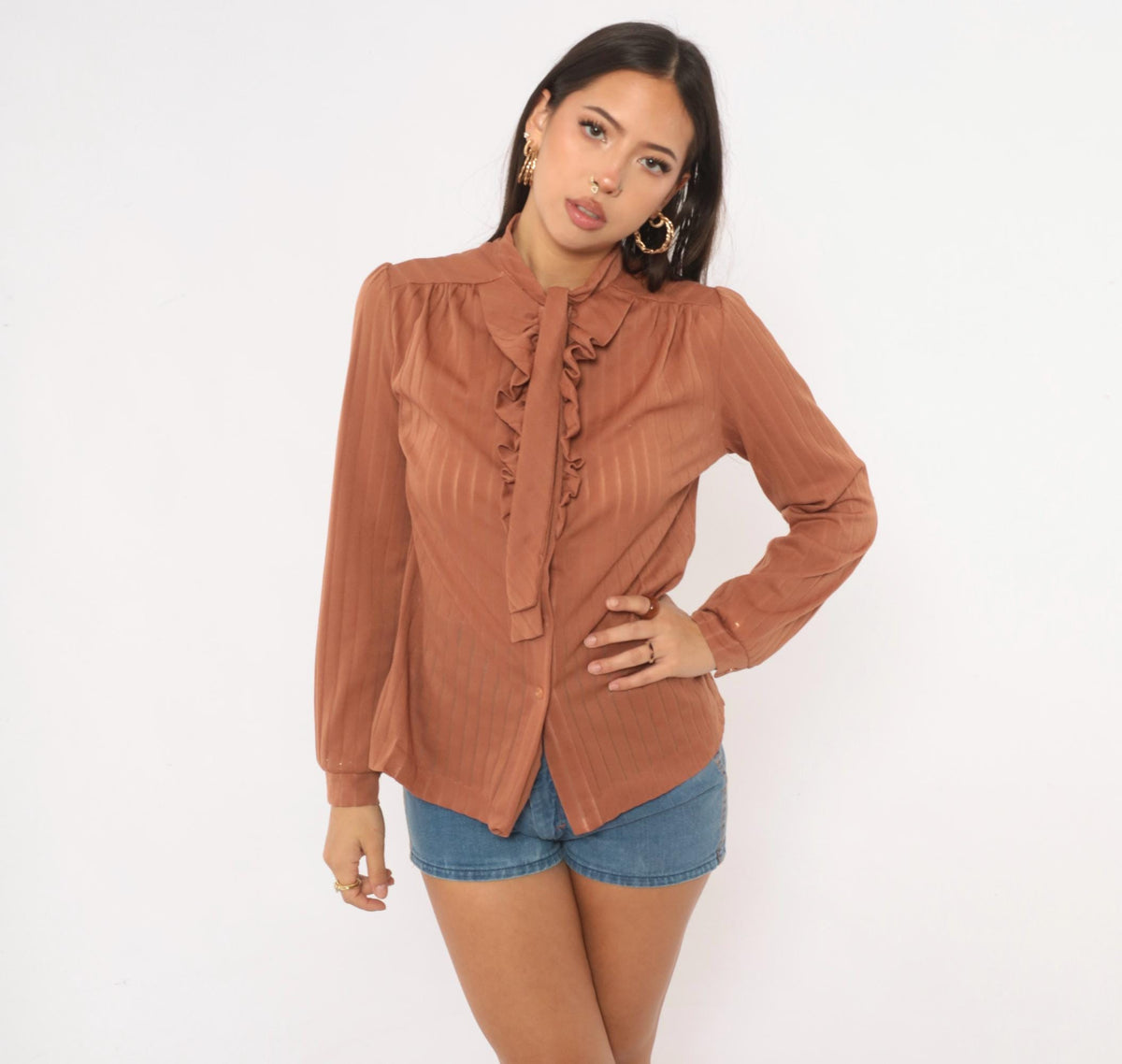 70s Graff Tan Ruffle Jabot Blouse Mock Neck Pleated Semi-Sheer Medium