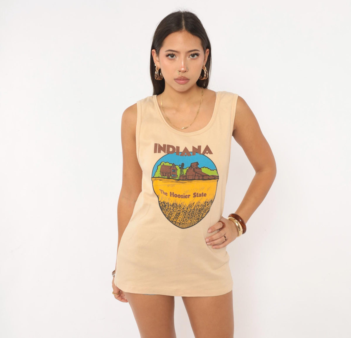 80s Indiana Hoosier State Souvenir Tank Top Tan Graphic Small