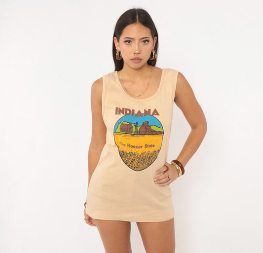 80s Indiana Hoosier State Souvenir Tank Top Tan Graphic Small