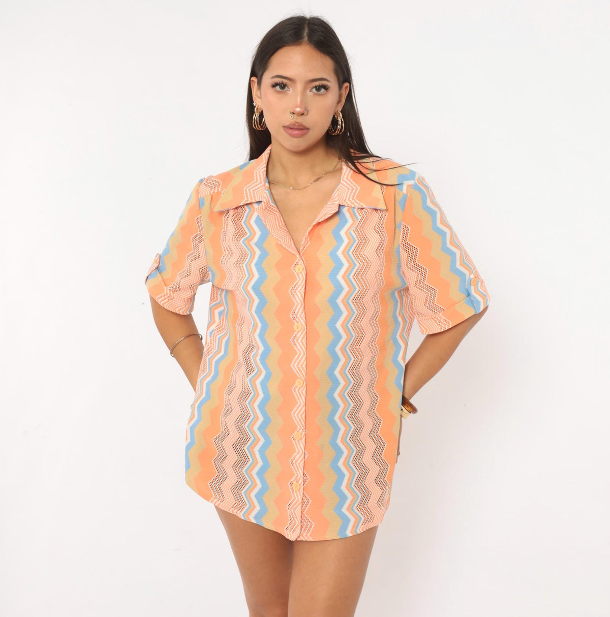 70s Chevron Zigzag Button Up Blouse Orange Coral Blue Open Knit Mesh Large