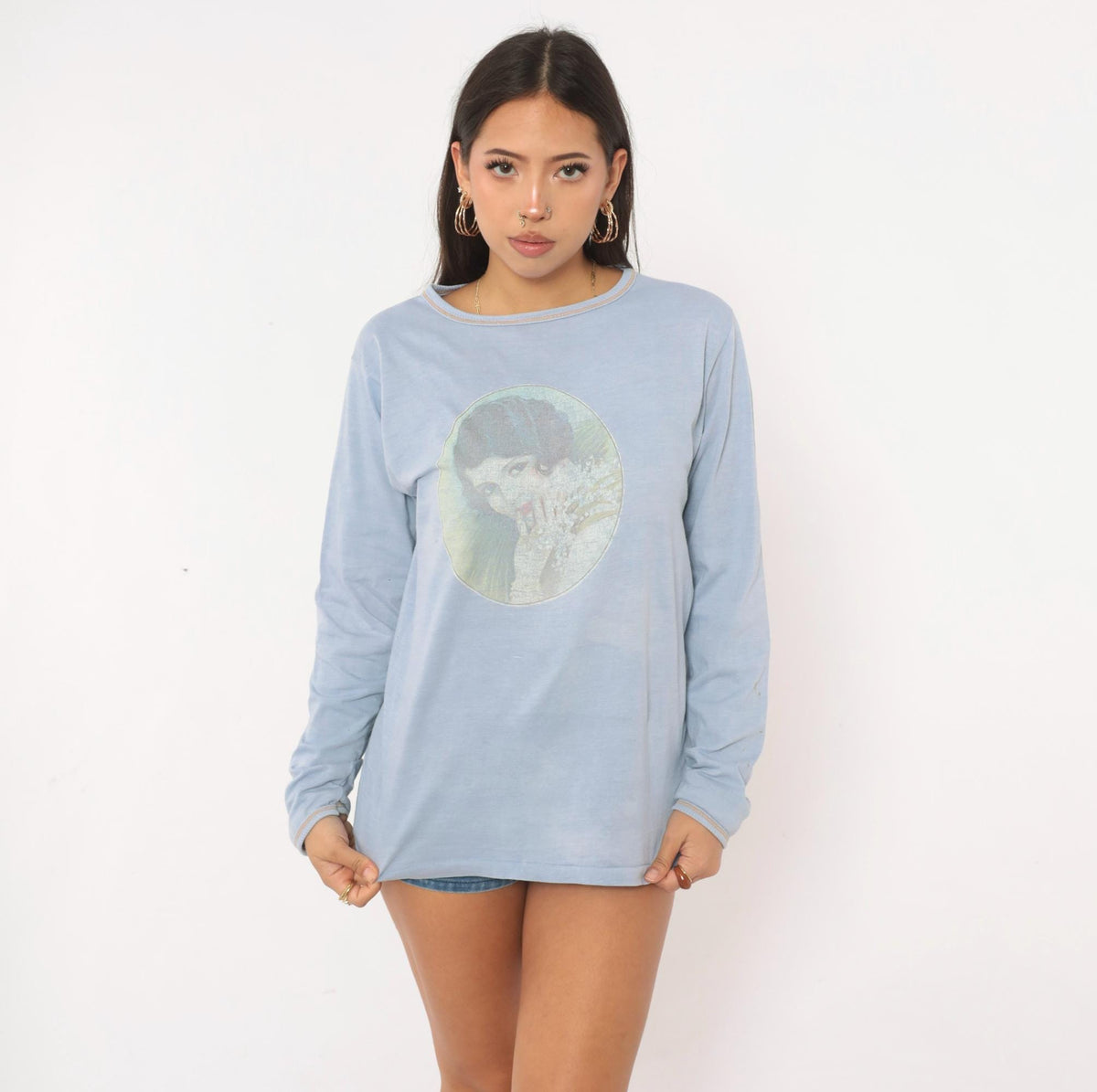 80s Skipper Portrait Graphic Tee Light Blue Long Sleeve Victorian Woman Large