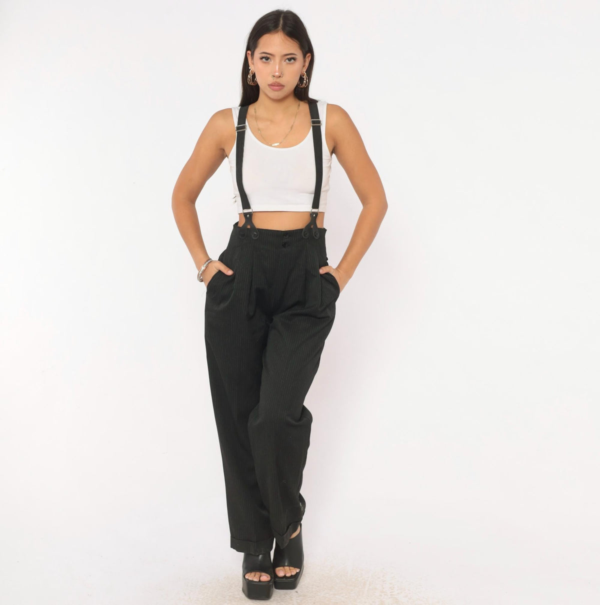 80s 7th Alternative Pinstripe Trousers Black High Waist Pleated Tapered Small S