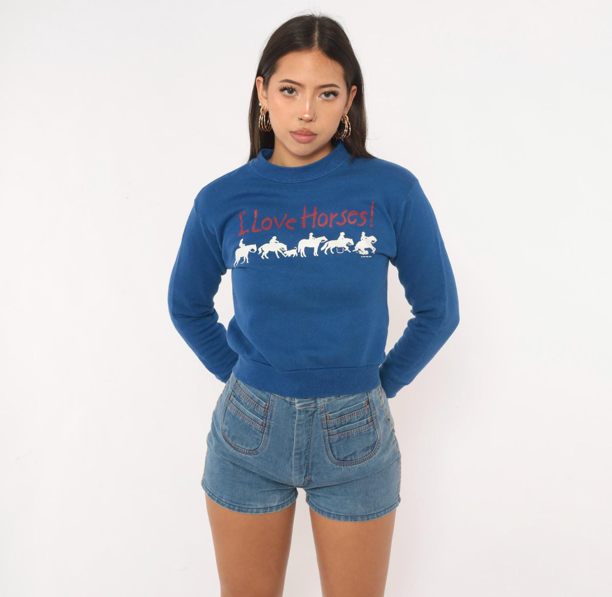90s Jerzees Horse Sweatshirt Cobalt Blue Cropped Graphic Extra Small XS