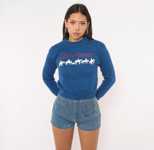 90s Jerzees Horse Sweatshirt Cobalt Blue Cropped Graphic Extra Small XS
