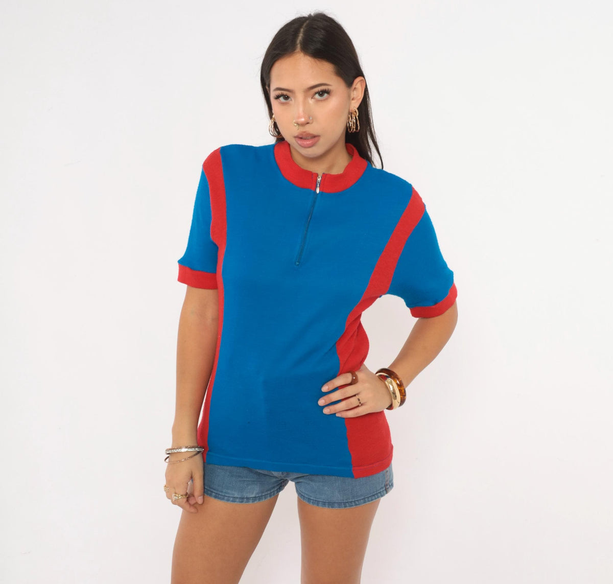 80s Bike Nashbar Cycling Jersey Blue Red Color Block Quarter Zip Medium